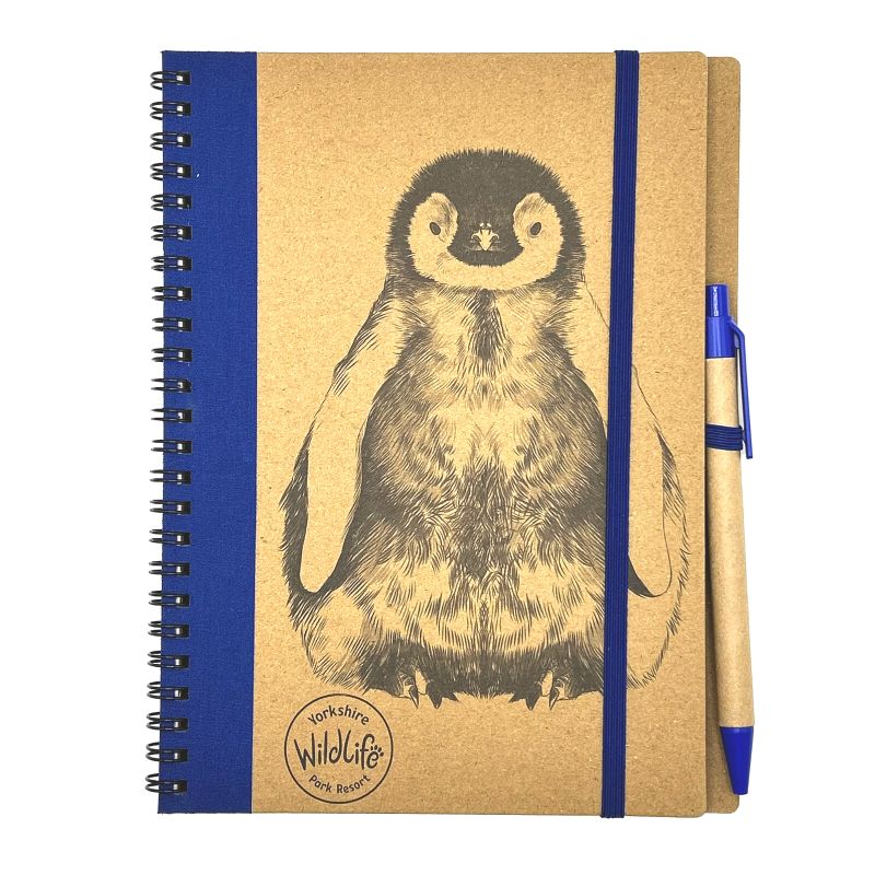 Yorkshire Wildlife Park eco notebook with penguin illustration and pen on a white background