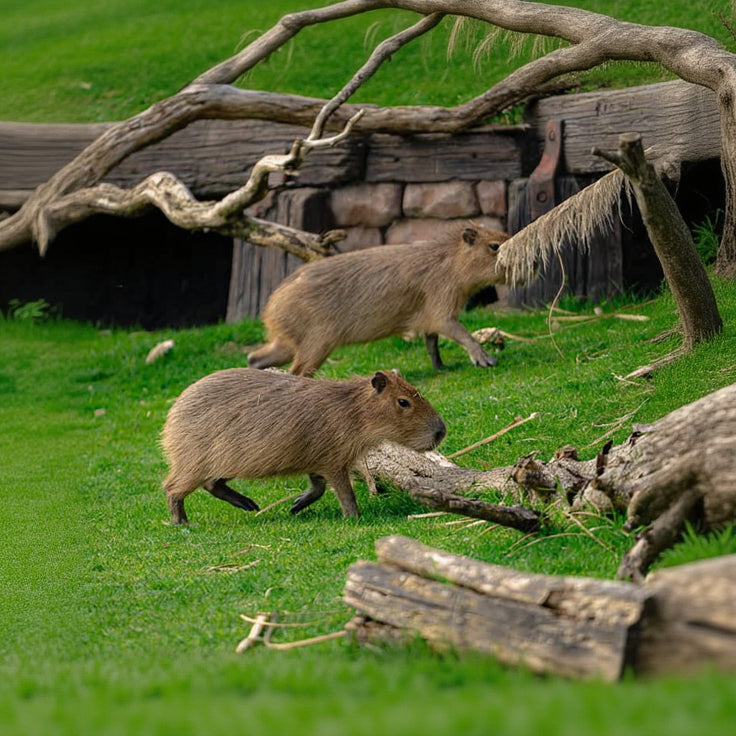 Two capybaras walking on grass near wooden logs and a stone wall at yorkshire wildlife park