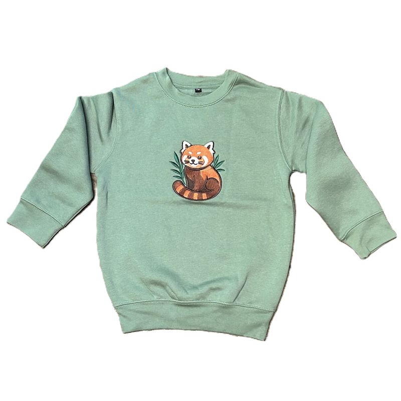 Green sweatshirt with a red panda design on a white background