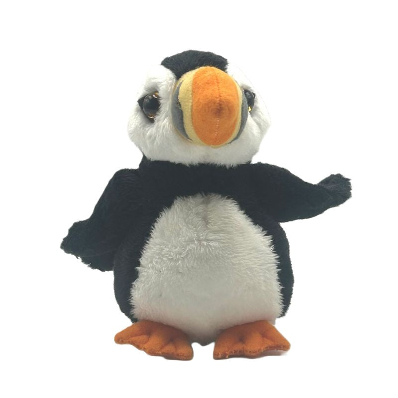 puffin small soft toy 15cm with black and white plush and orange feet on a white background