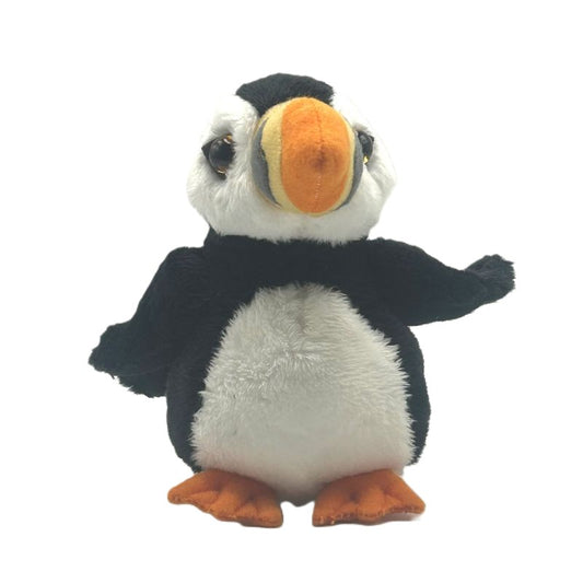 puffin small soft toy 15cm with black and white plush and orange feet on a white background