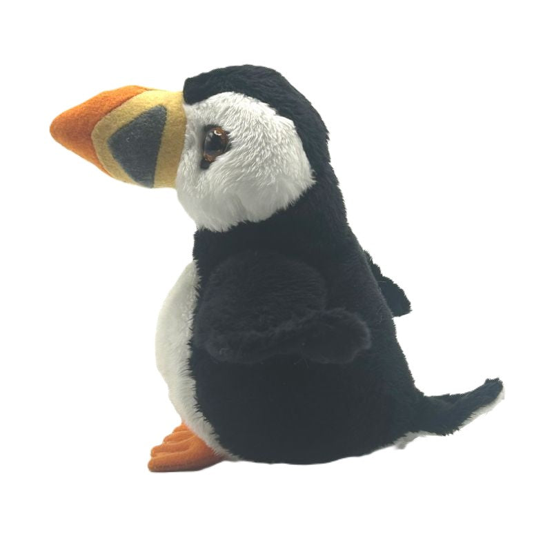 puffin small soft toy 15cm with black and white plush and orange feet on a white background