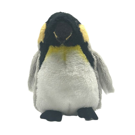 king penguin small soft toy 15cm with grey yellow black and white plush and black feet on a white background