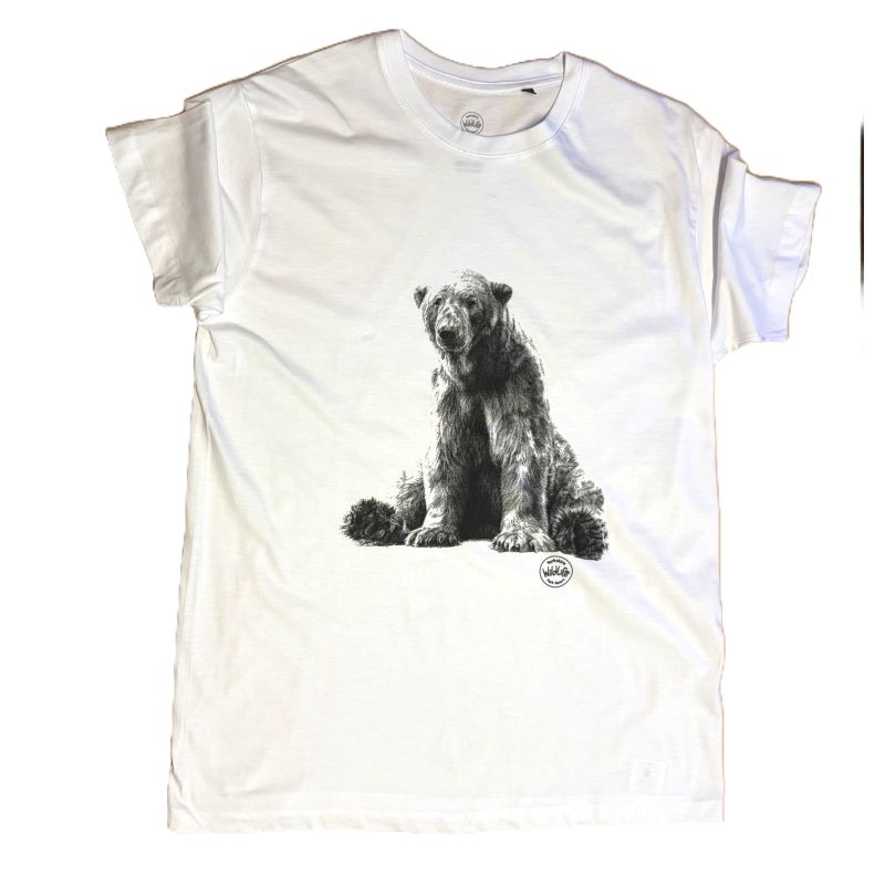 A white short-sleeve crewneck t-shirt featuring a black and white graphic print of a seated bear on the front, displayed flat against a white background.