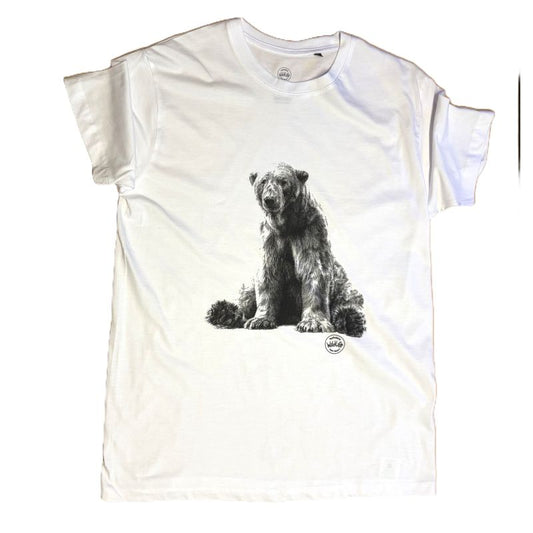 A white short-sleeve crewneck t-shirt featuring a black and white graphic print of a seated bear on the front, displayed flat against a white background.