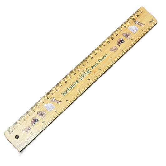 A bamboo 30 cm ruler printed with Yorkshire Wildlife Park Resort branding, featuring animal illustrations and inch measurements, shown on a plain white background.