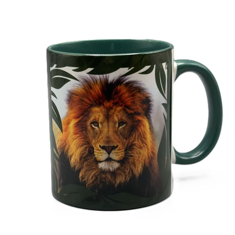 A dark green ceramic mug featuring a detailed graphic photo print of a lion's face with a golden-brown mane, set against a white background with leafy motifs. The mug has a matching dark green handle and interior.