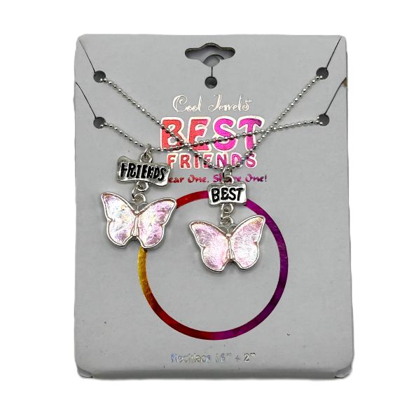 A packaged Cool Jewels necklace set featuring two necklaces with butterfly charms on a Best Friends card.
