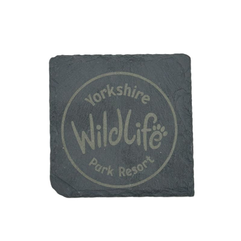 A square slate coaster with the Yorkshire Wildlife Park Resort logo printed in the center.