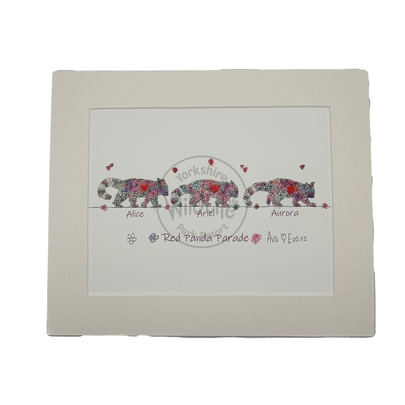 Mounted artwork with red pandas and personalized names on a white background