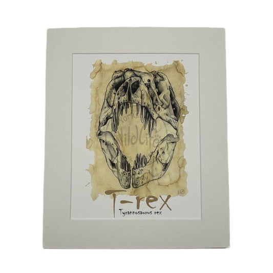 mounted artwork of a T-Rex skeleton on a beige background
