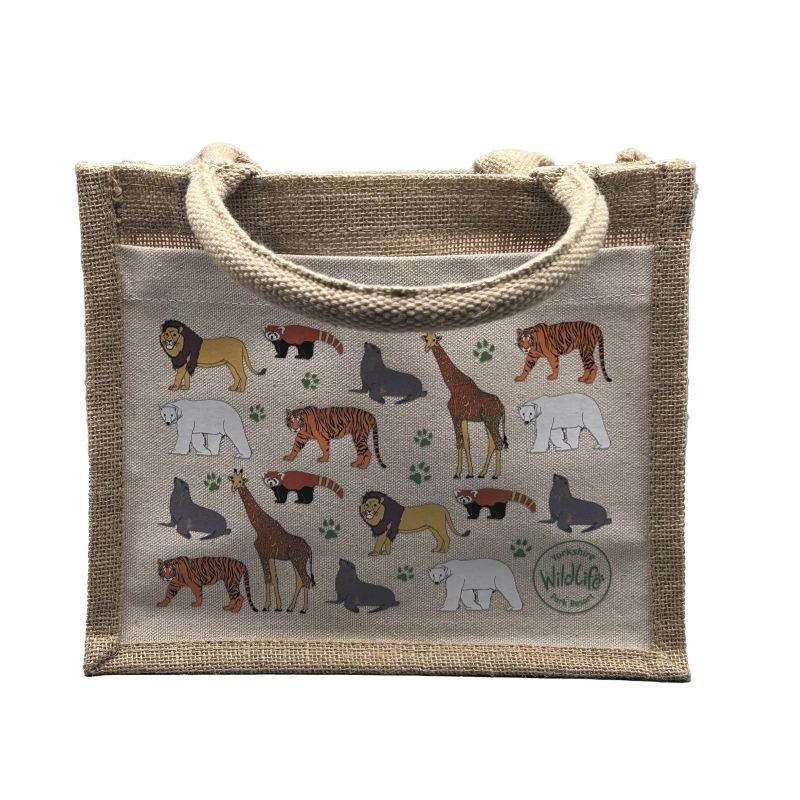 Small bag with animal illustrations on a beige background