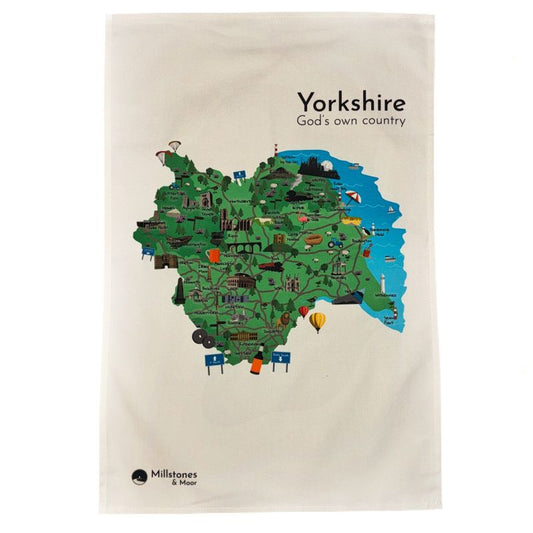Tea towel with a map of Yorkshire featuring various icons on a beige background.