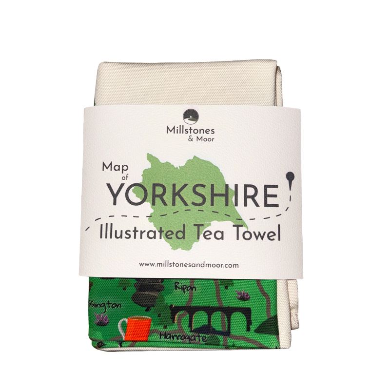 Tea towel with Yorkshire map design on a white background