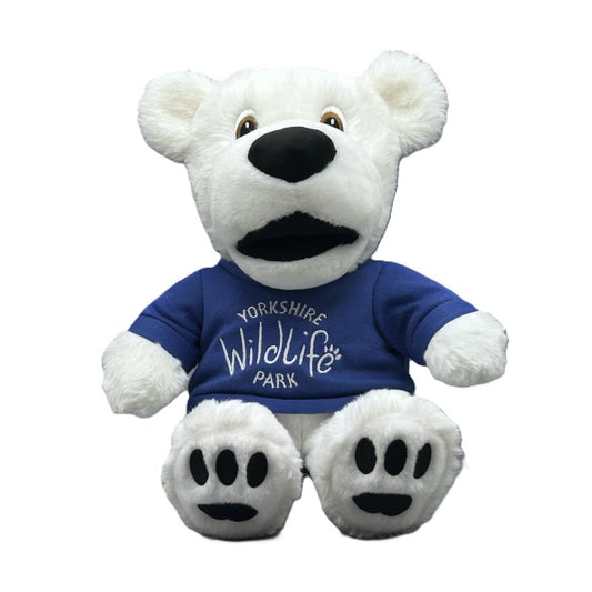 Polar bear soft toy wearing a blue shirt with 'Yorkshire Wildlife Park' text on a white background