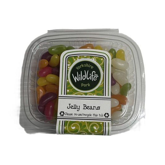 Packaged jelly beans with a Yorkshire Wildlife Park label on a white background