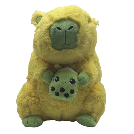 Plush toy with a larger yellow capybara holding a smaller green creature with black spots on a white background