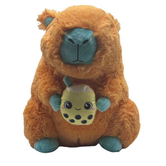 Plush toy with a larger orange capybara holding a smaller yellow creature with black spots on a white background