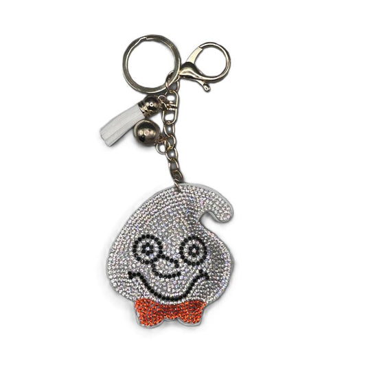 Sparkly rhinestone keychain with a friendly ghost design on a white background