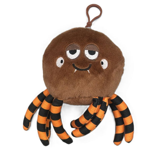 Plush halloween spider toy with brown body, orange and black legs on a white background