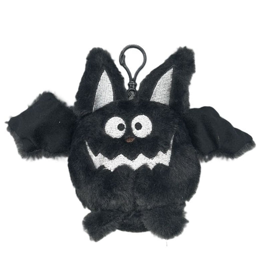 Black plush bat keychain with a white face on a white background