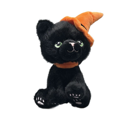 Black cat halloween plush toy with an orange witch hat on a white background