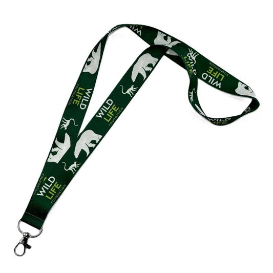 Green lanyard with white animal illustrations and 'Wild Life Foundation' text on a white background