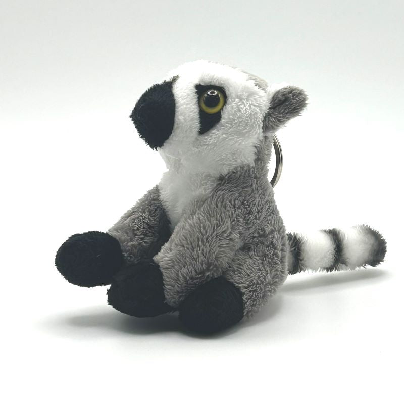 yorkshire wildlife park lemur keyring soft toy angle view grey white coat  ringed tail metal keyring 20cm