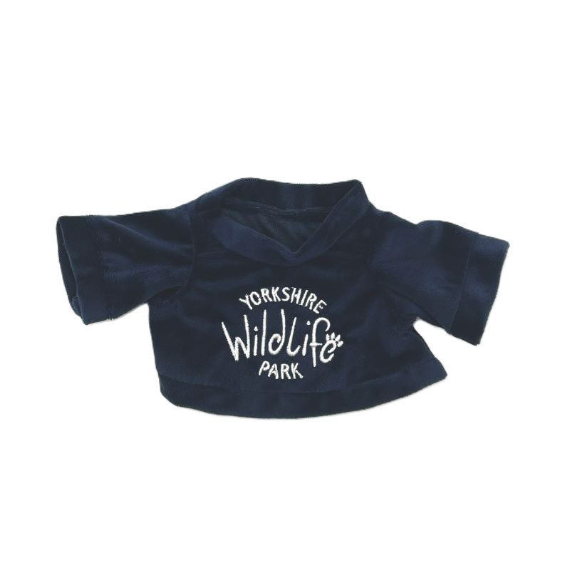 Navy blue teddy soft toy t shirt with 'Yorkshire Wildlife Park' text embroiedered on a white background