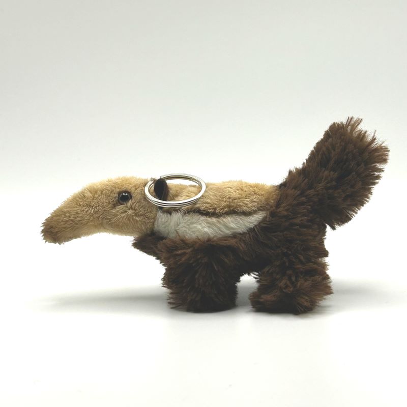 yorkshire wildlife park anteater keyring soft toy side view beige brown white coat metal keyring 10cm