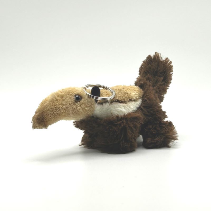 yorkshire wildlife park anteater keyring soft toy angle view beige brown white coat metal keyring 10cm