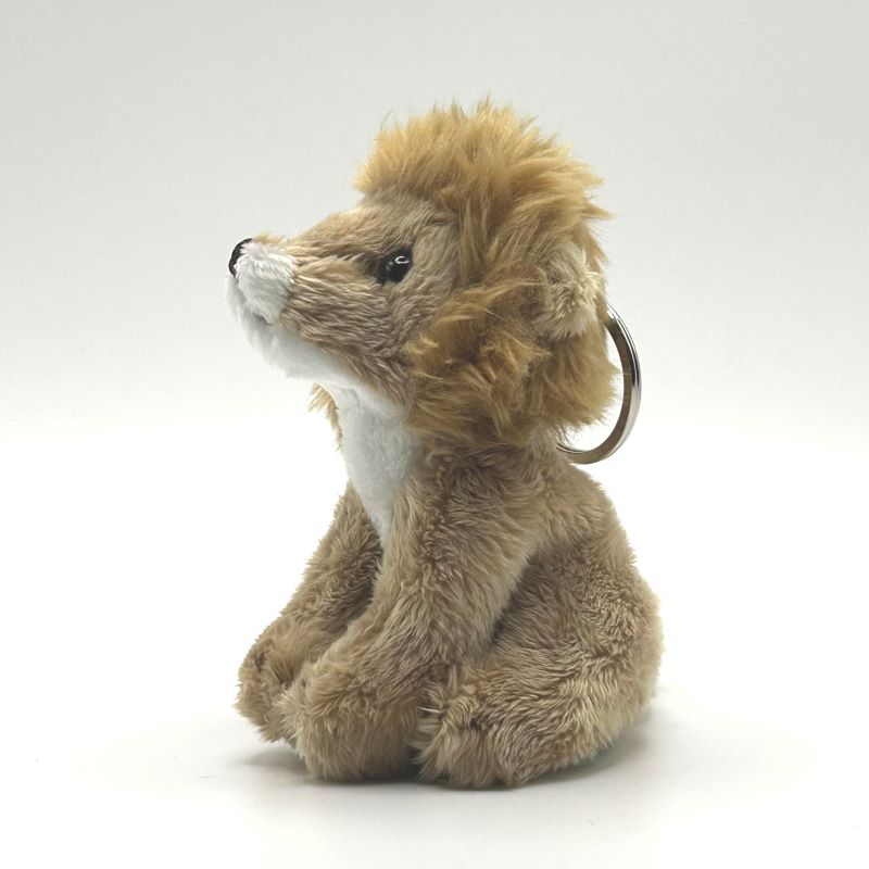 yorkshire wildlife park lion keyring soft toy angle view beige coat brown mane metal keyring 10cm