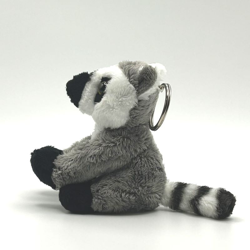 yorkshire wildlife park lemur keyring soft toy side view grey white coat  ringed tail metal keyring 10cm