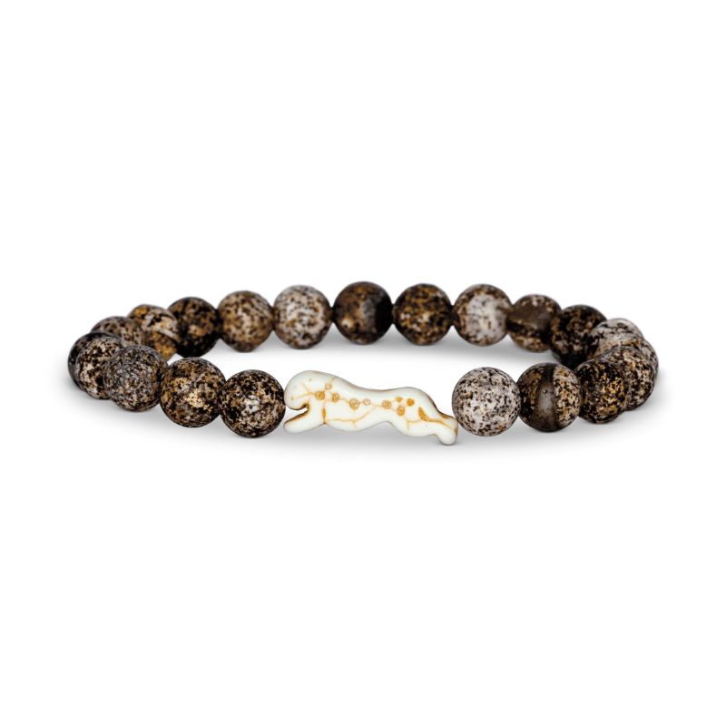 Bracelet with brown beads and a white cheetah charm on a white background
