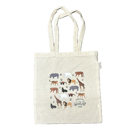 Tote bag with illustrations of various animals and 'Yorkshire Wildlife Park' text on a white background