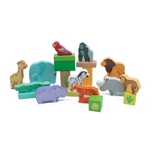 Set of colorful wooden animal blocks on a white background