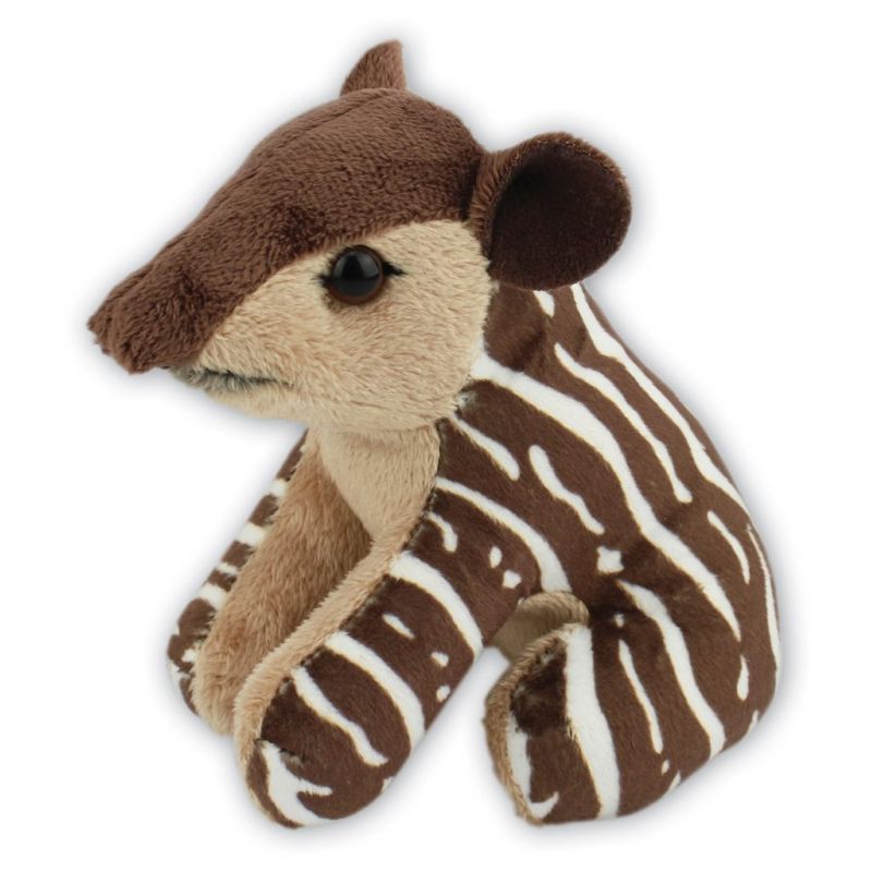 Plush toy resembling baby tapir with brown and white pattern on a white background