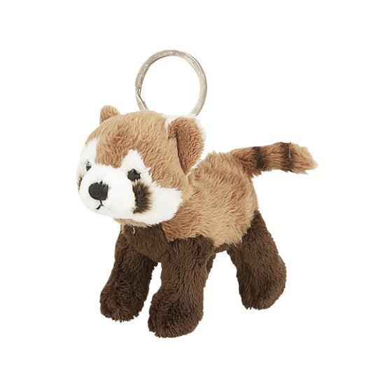 Plush red panda toy with a keyring on a white background