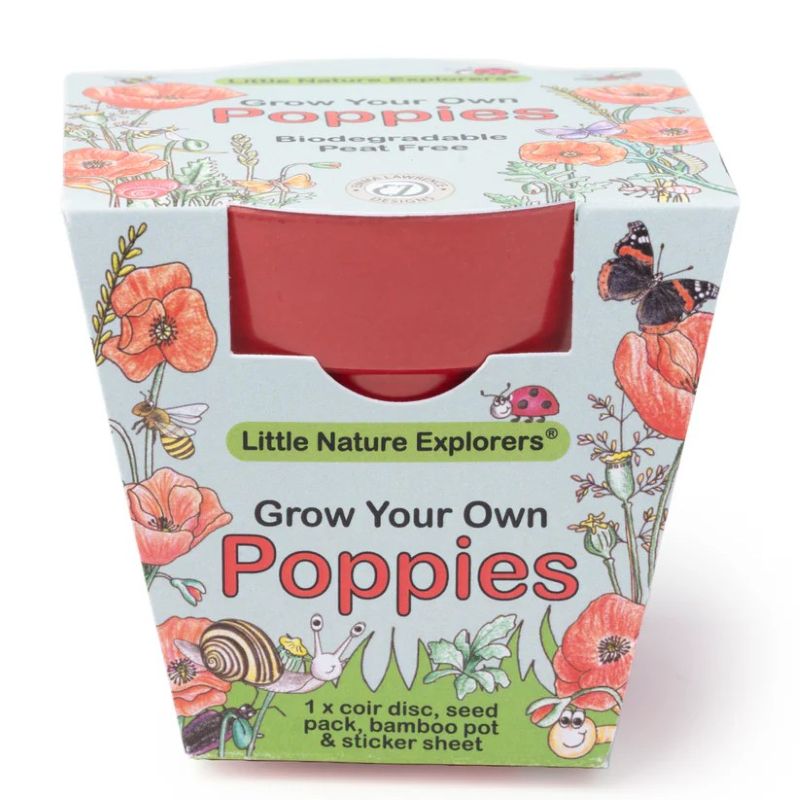 Box of 'Grow Your Own Poppies' kit by Little Nature Explorers on a white background