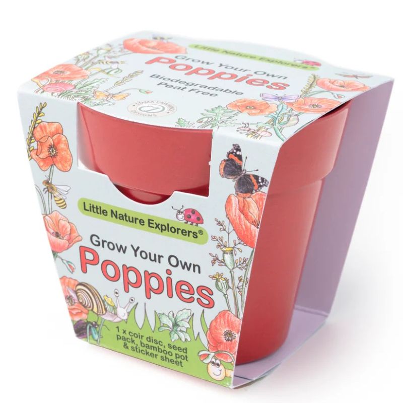 Packaging for 'Grow Your Own Poppies' kit by Little Nature Explorers on a white background