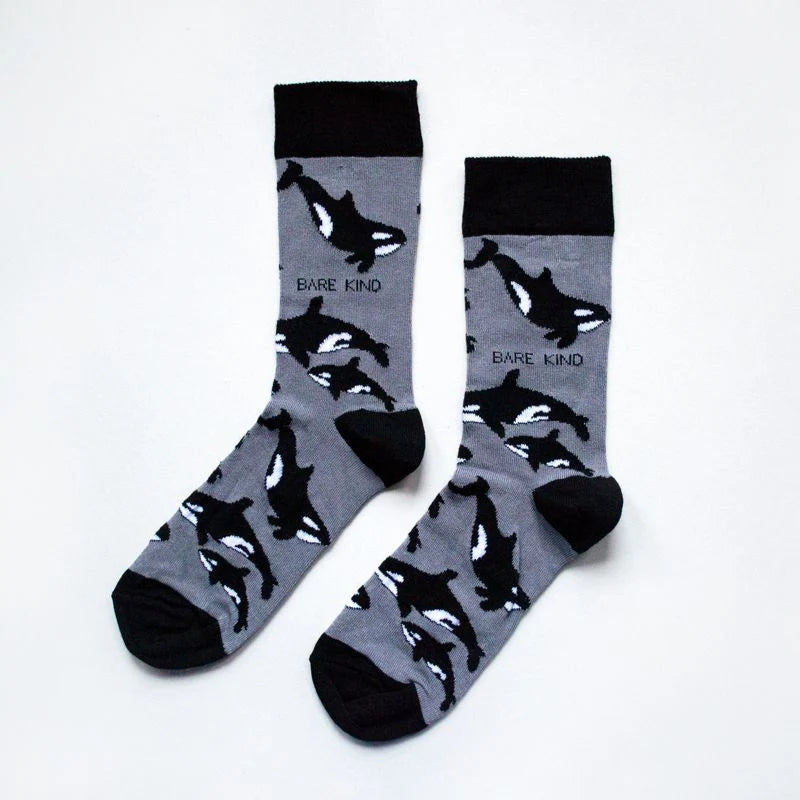 Gray socks with black orca whale patterns and 'Bare Kind' text on a white background
