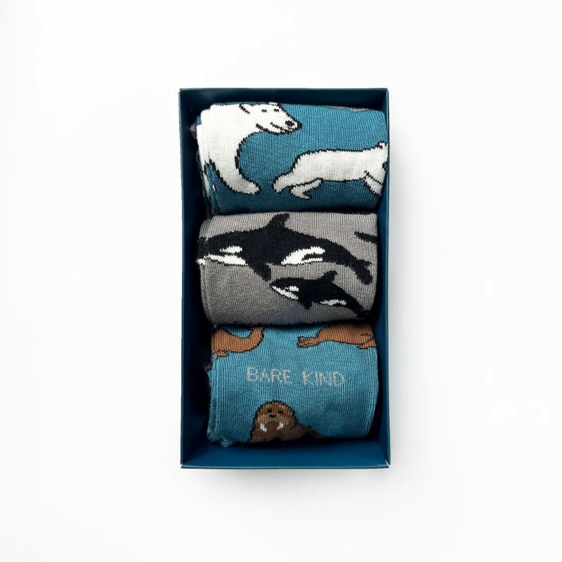 Set of three animal-themed socks in a box on a white background