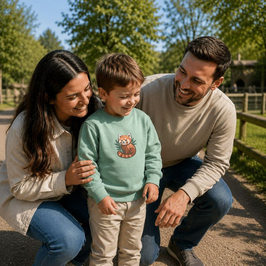Family of three outdoors, with a child in a green sweater featuring a red panda design.