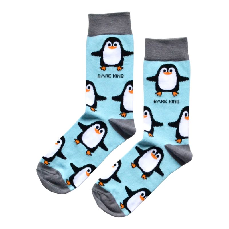 Penguin-themed socks with 'Bare Kind' branding on a light blue background