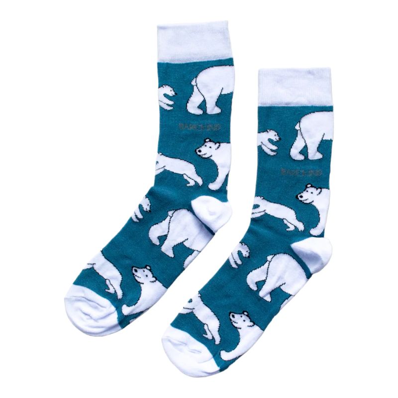 Teal socks with white polar bear pattern on a white background