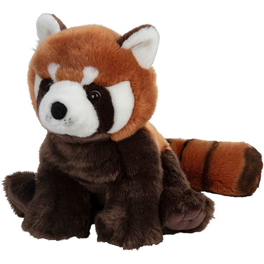 A plush XL soft toy resembling a red panda with a soft brown and red-brown coat, white face markings, and a striped tail.