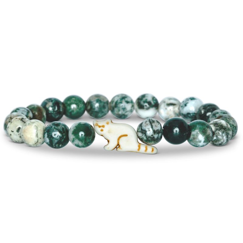 Green beaded bracelet with a red panda shaped charm on a white background