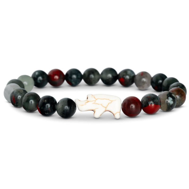 Bracelet with black, red, and gray beads featuring a white rhino charm on a white background