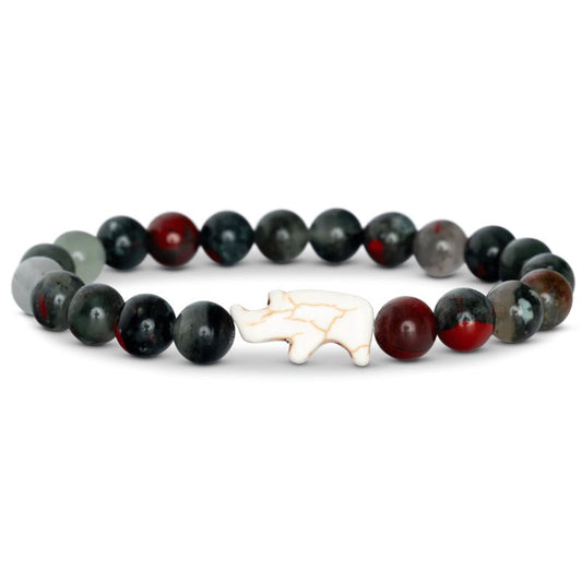 Bracelet with black, red, and gray beads featuring a white rhino charm on a white background