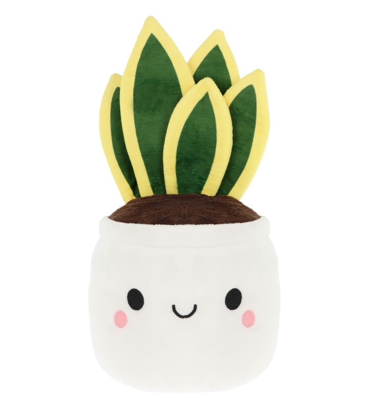 A plush toy resembling a plant with green leaves and a smiling face in a white pot.
